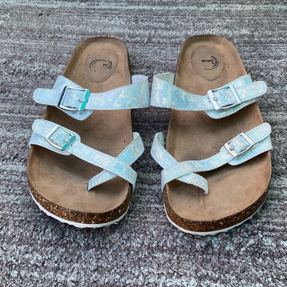Wonder Nation Womens Size 6 Holographic Silver Cork Slip On Open Toes Sandals